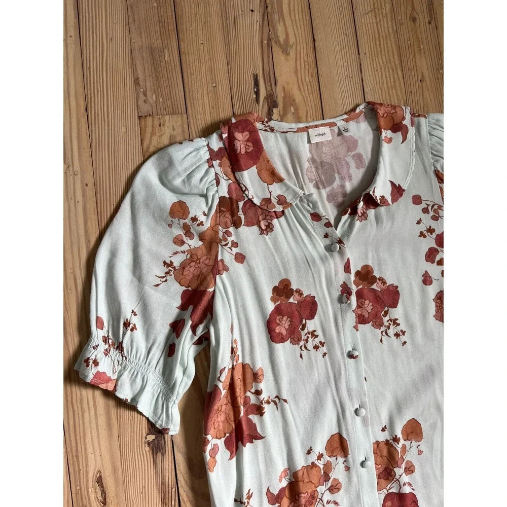 Wilfred Poppins Dress Floral Print Puff Sleeve Peter Pan Collar Button Up Size S